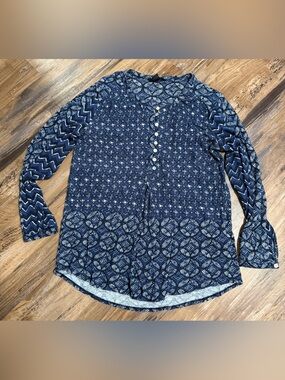 Lucky Brand Navy and White Patterned Button Front Blouse